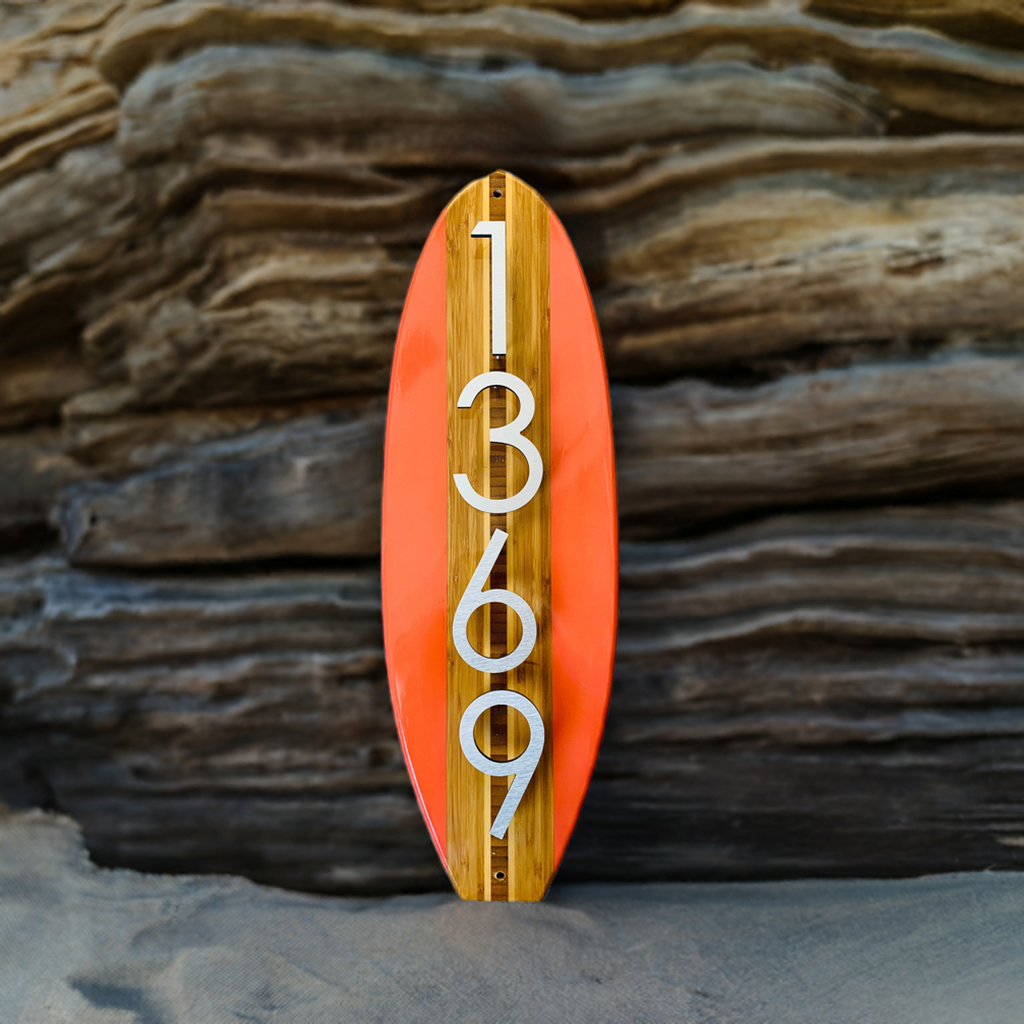 Address House Number Sign Surfboard Coastal Plaque in Salmon , brushed aluminum numbers or letters stand off from Board for pleasing 3D effect
