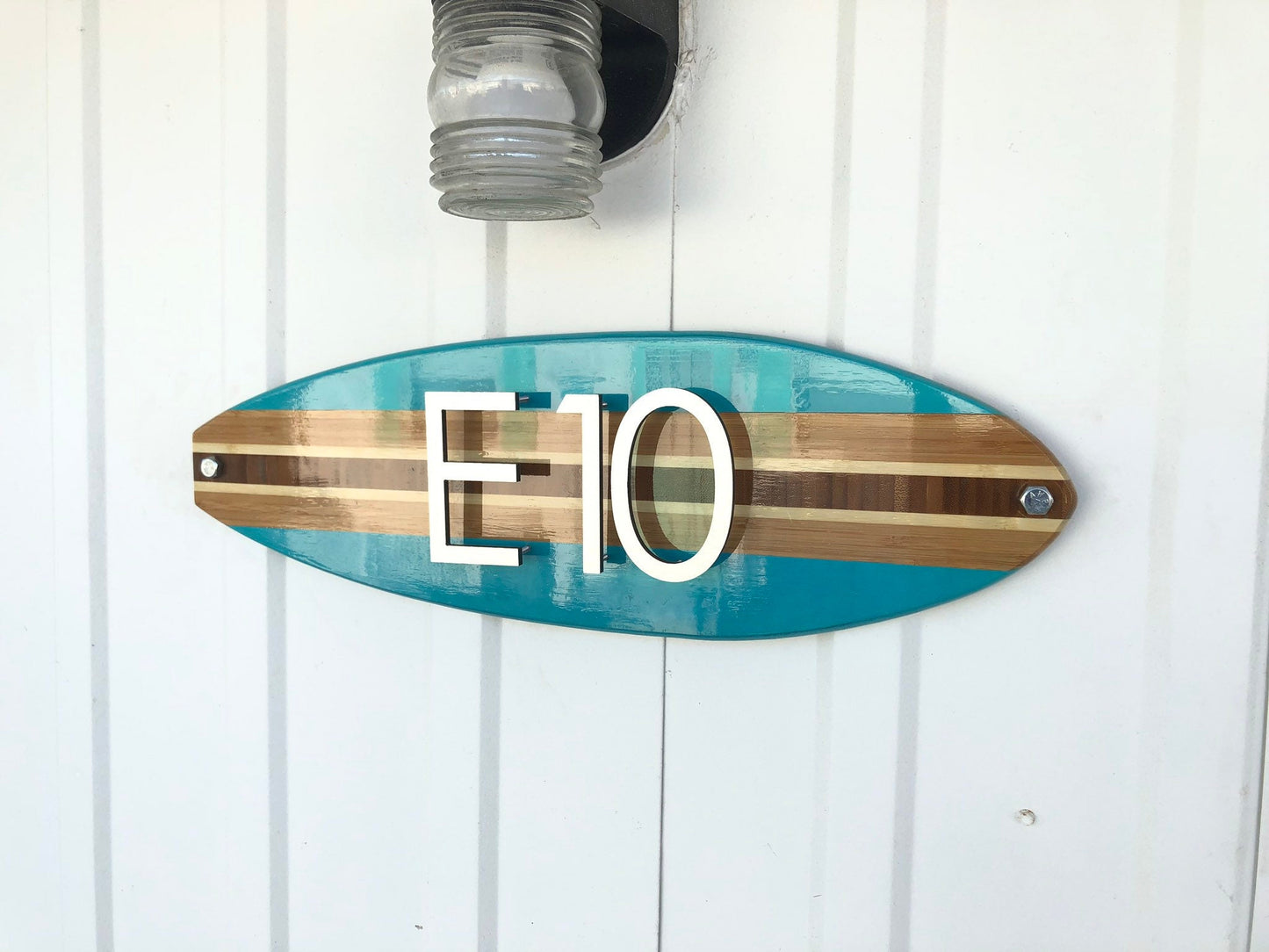 House Address Number Sign Surfboard Coastal Beach in Seafoam Green