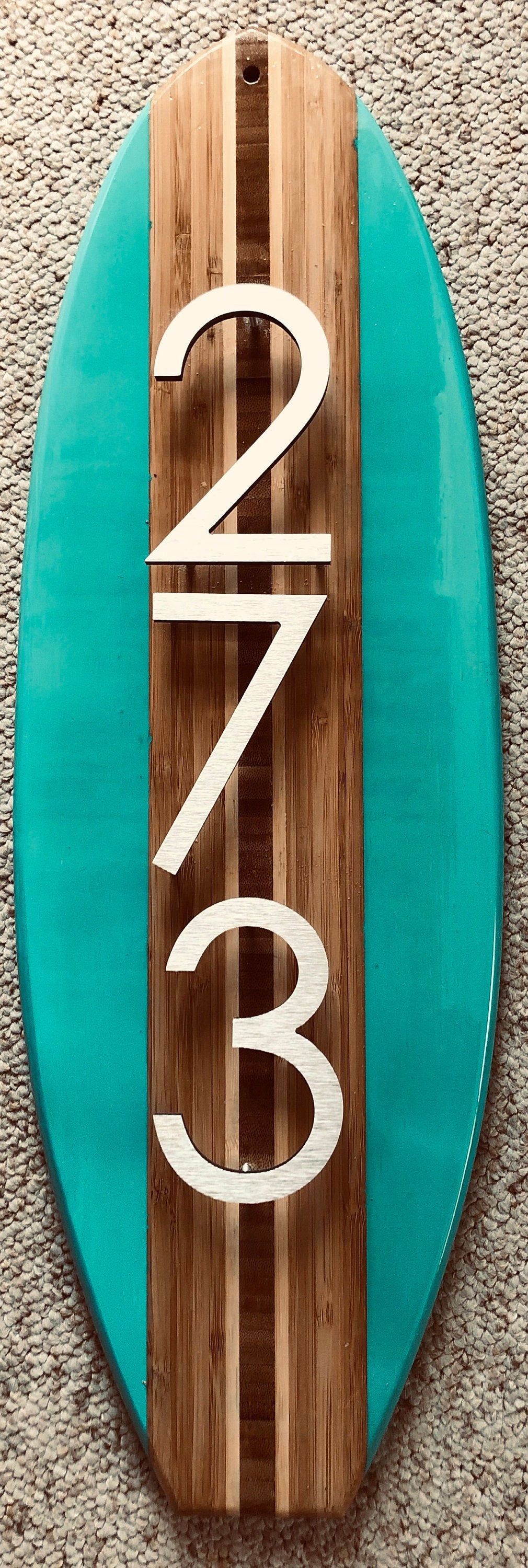 House Address Number Sign Surfboard Coastal Beach in Seafoam Green