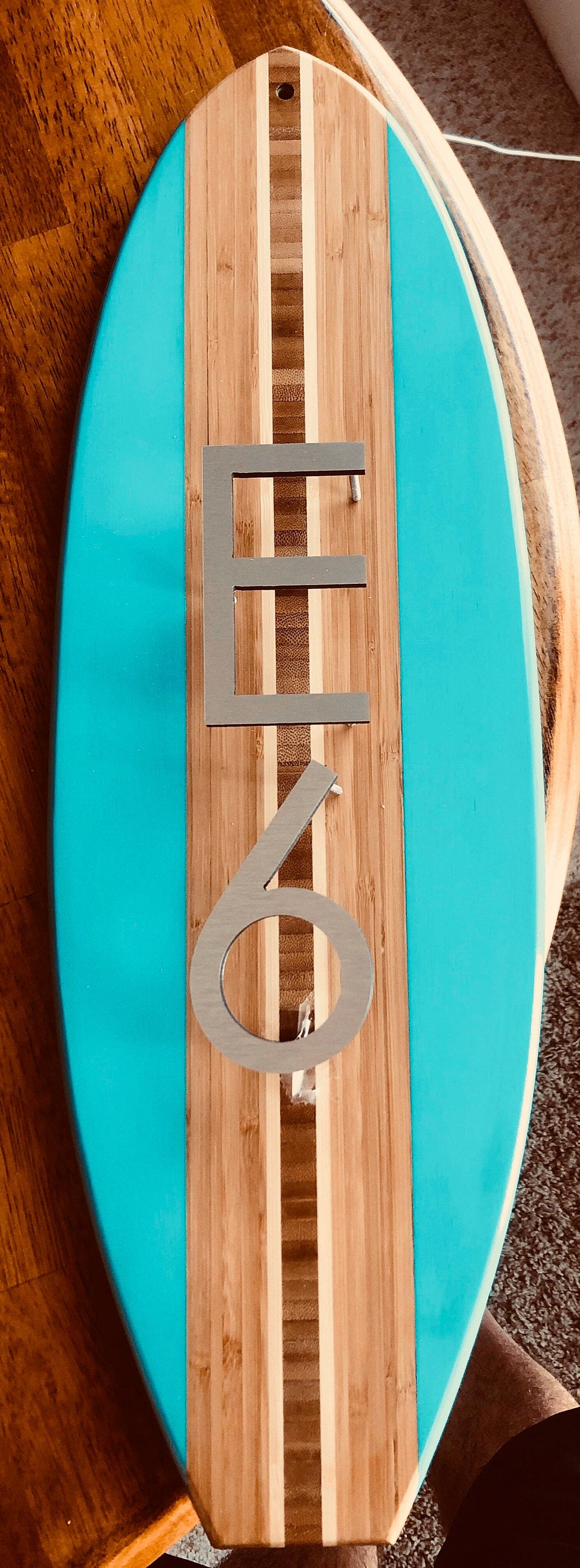 House Address Number Sign Surfboard Coastal Beach in Seafoam Green