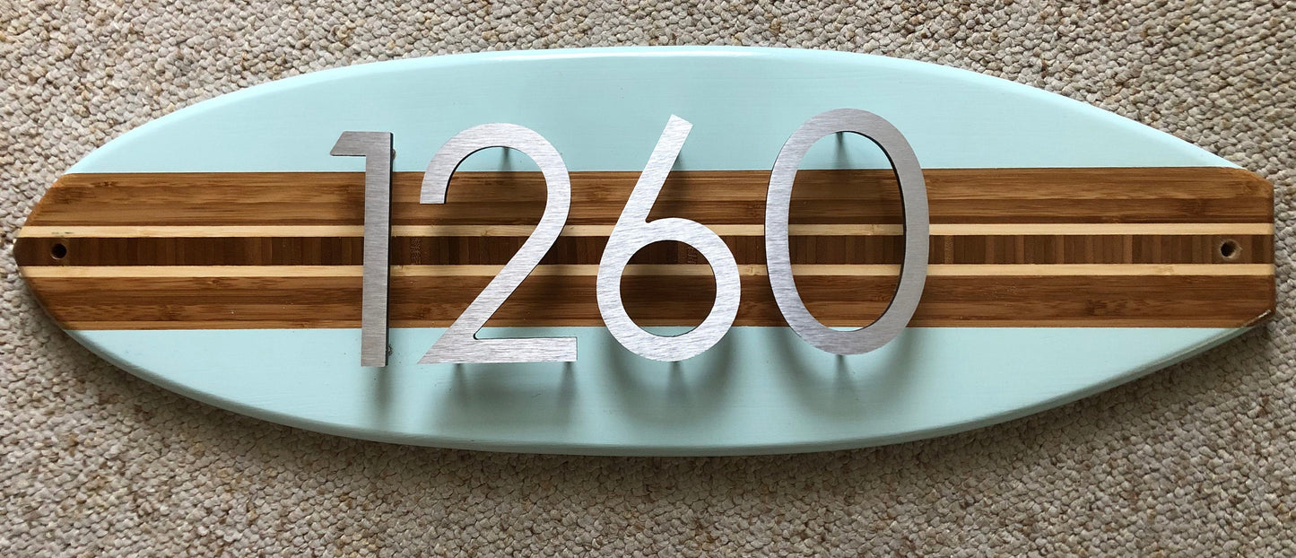 Address Number Sign Surfboard Coastal Beach House Plaque in Beach Blue ,