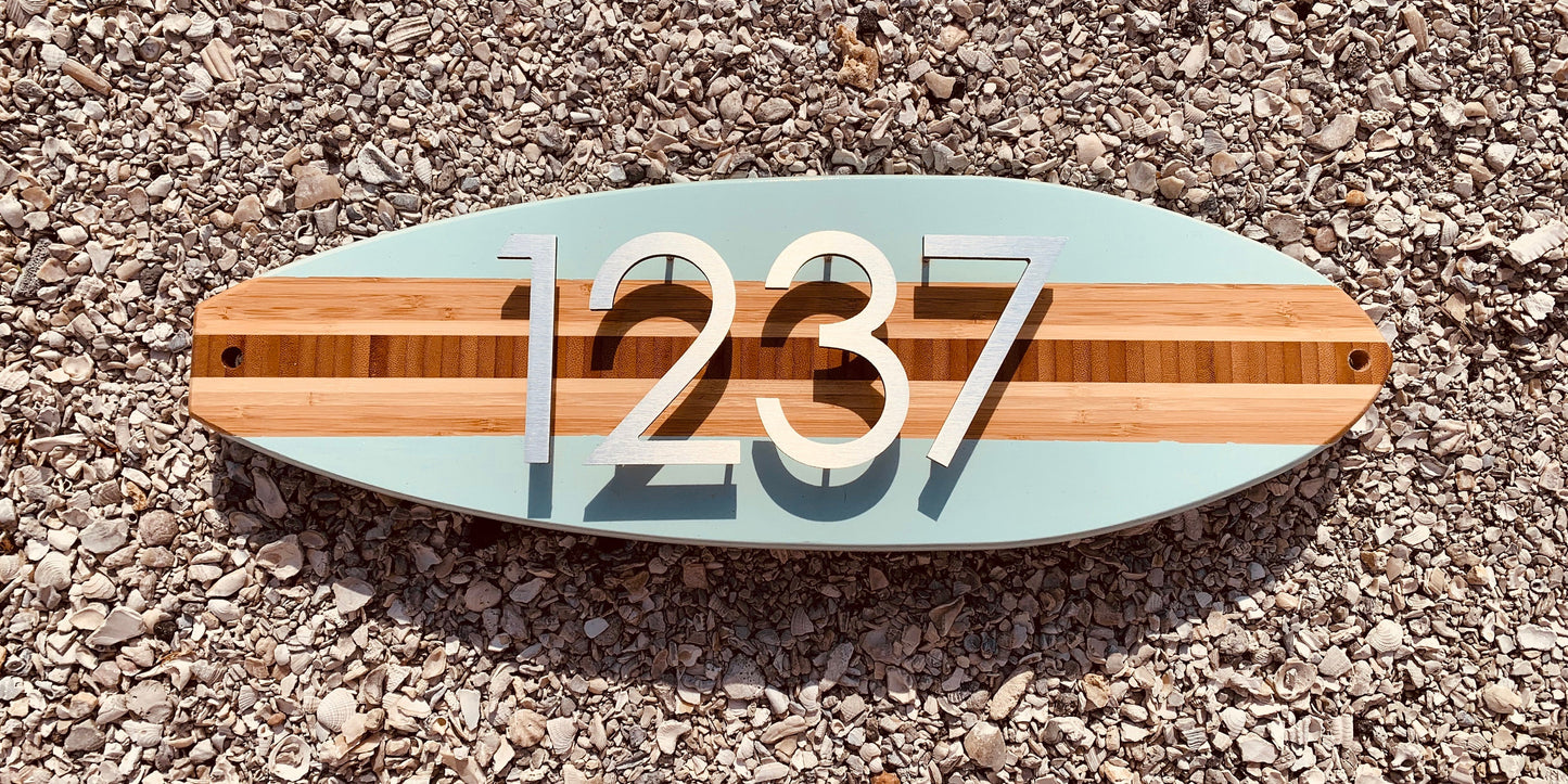 Address Number Sign Surfboard Coastal Beach House Plaque in Beach Blue ,