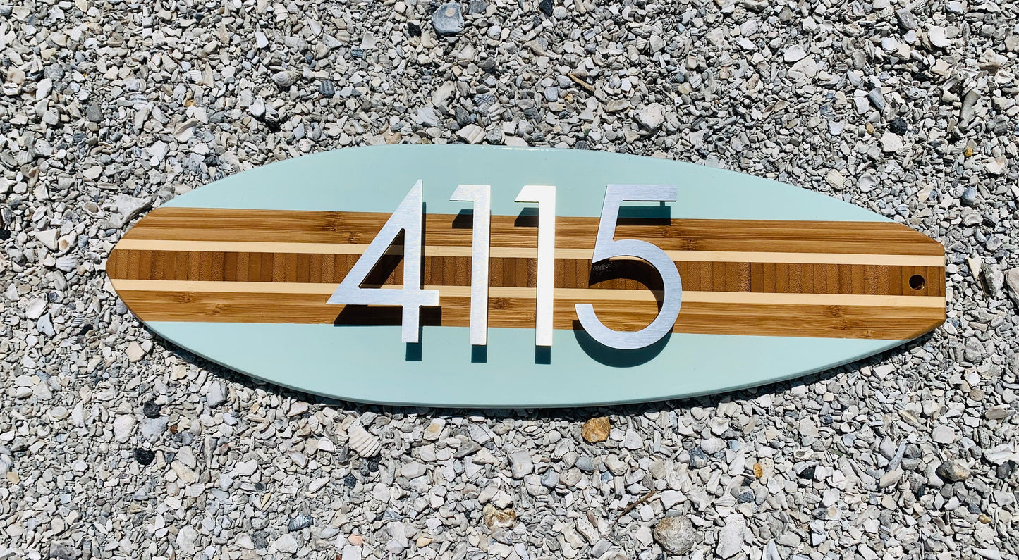 Address House Number Sign Surfboard Coastal Beach House Plaque in Beach Blue , brushed aluminum numbers or letters stand off from Board pleasing 3D effect,