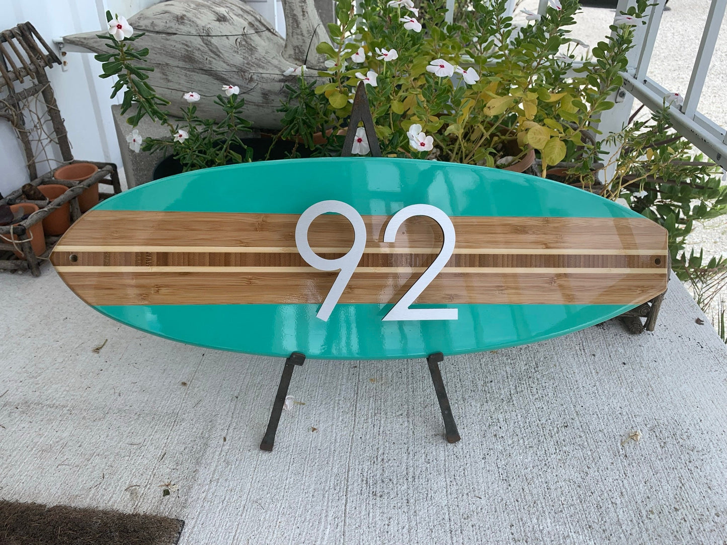 House Address Number Sign Surfboard Coastal Beach in Seafoam Green