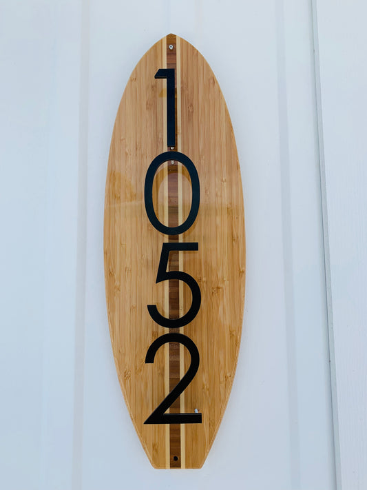 Surfboard Coastal Beach House Address Number Plaque in Clear Finish.