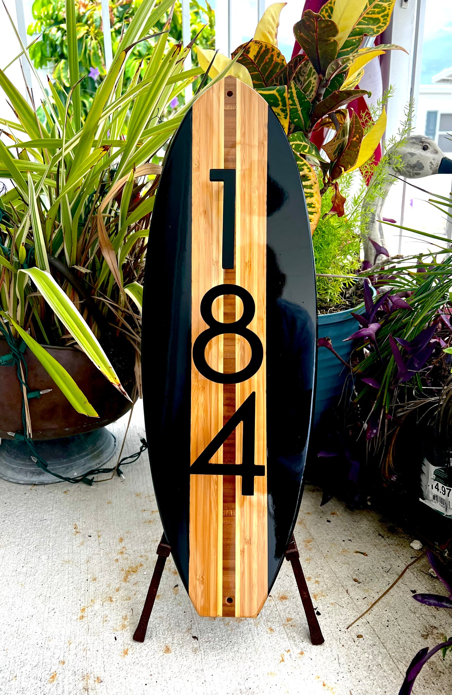 Address Number Sign Surfboard Coastal House Plaque in Black