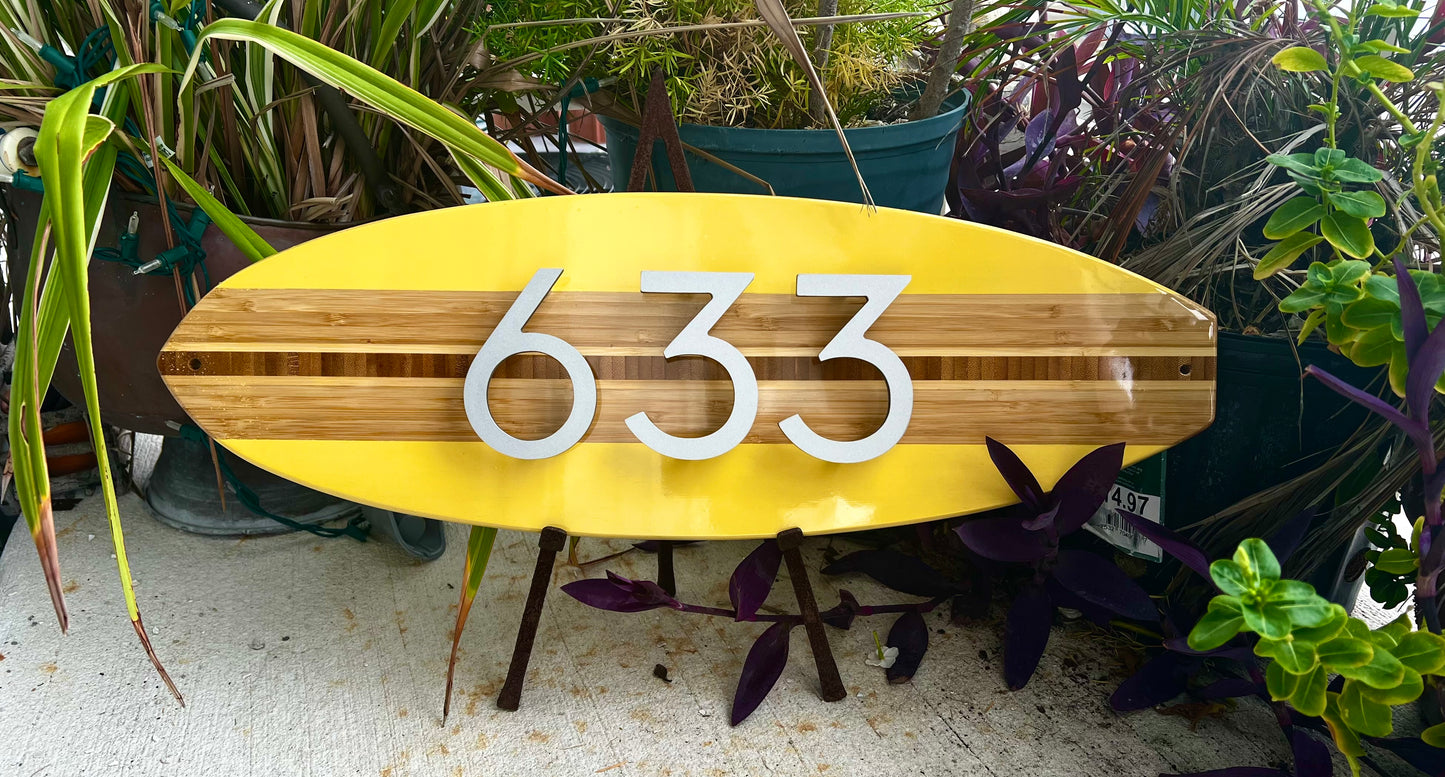 Address Number Sign Surfboard Coastal Beach House Plaque in Yellow