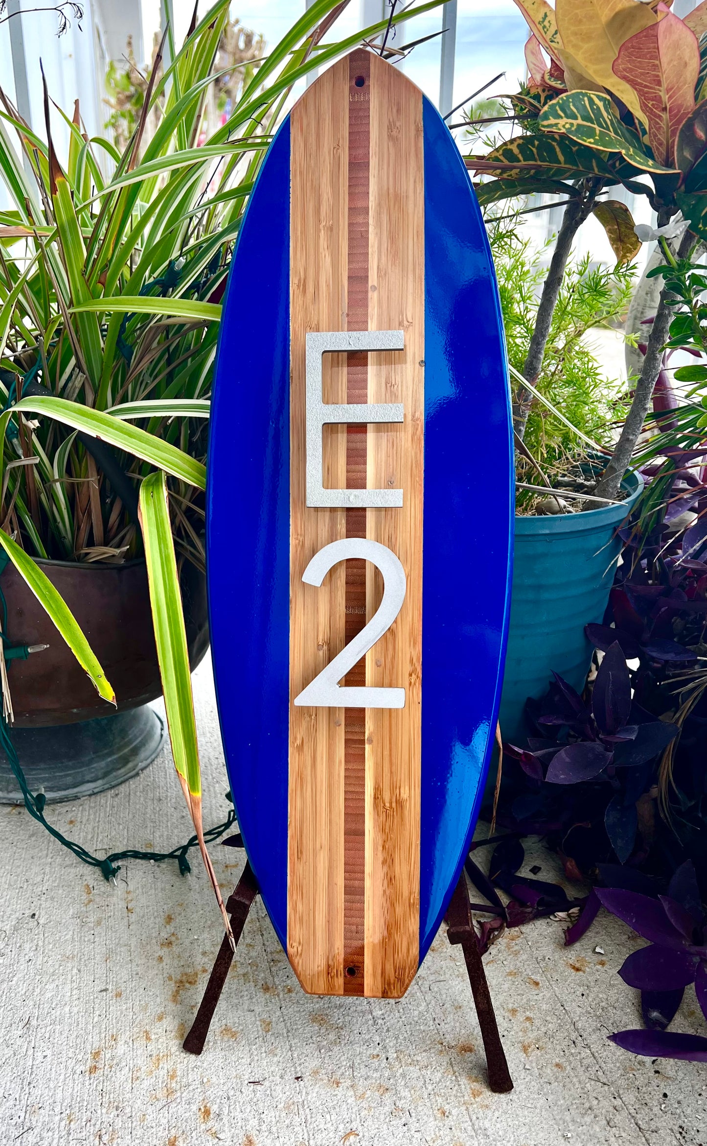 Address House Number Sign Surfboard Coastal Beach Plaque in Royal Blue w/ 4” 3D characters