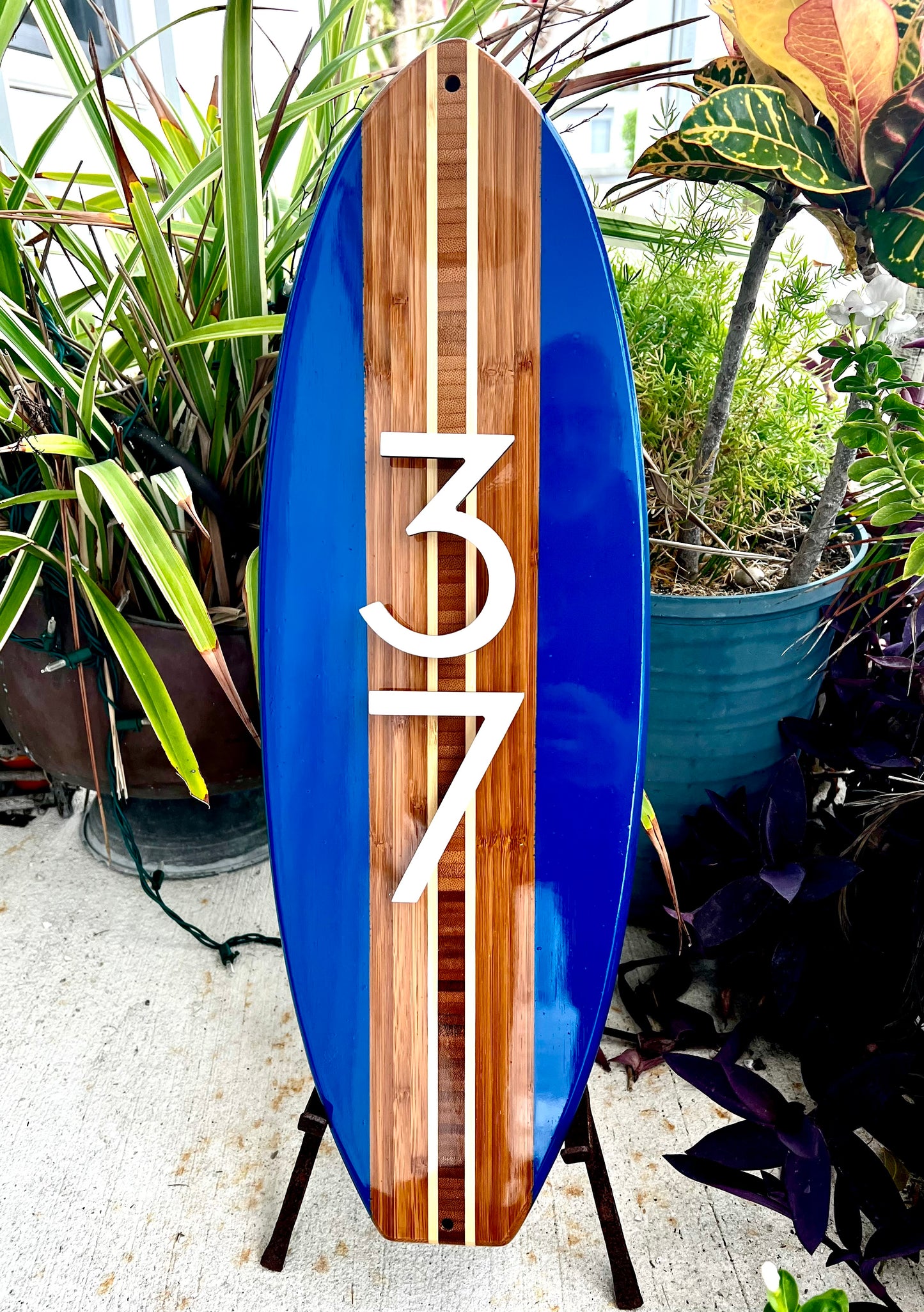 Address House Number Sign Surfboard Coastal Beach Plaque in Royal Blue w/ 4” 3D characters