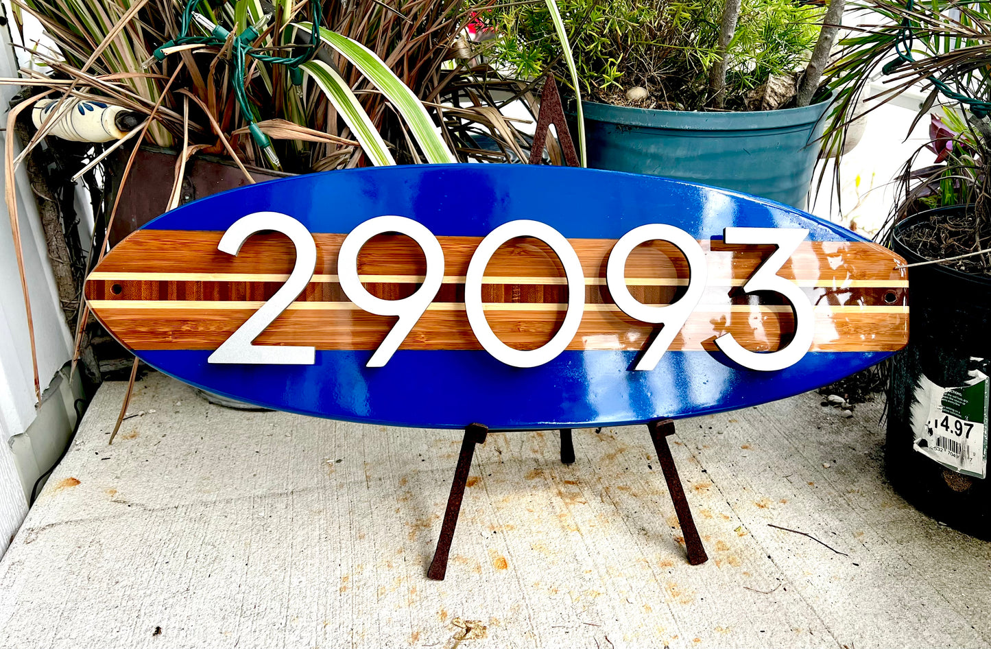 Address House Number Sign Surfboard Coastal Beach Plaque in Royal Blue w/ 4” 3D characters