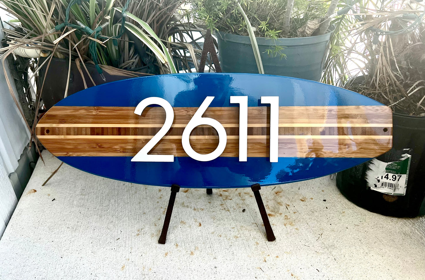 Address House Number Sign Surfboard Coastal Beach Plaque in Royal Blue w/ 4” 3D characters