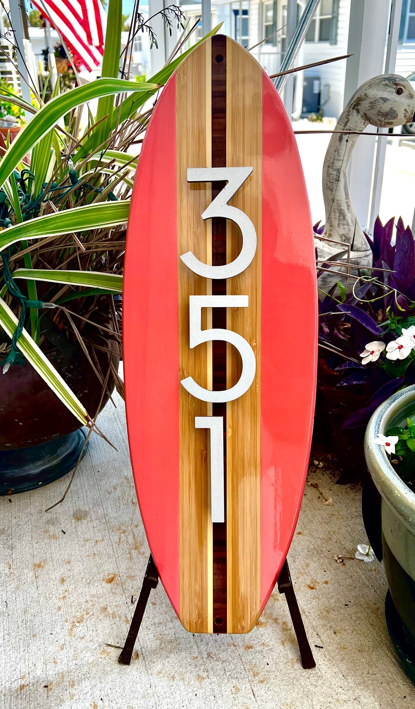 Address House Number Sign Surfboard Coastal  Plaque in Salmon , brushed aluminum numbers or  letters stand off from Board for pleasing 3D effect