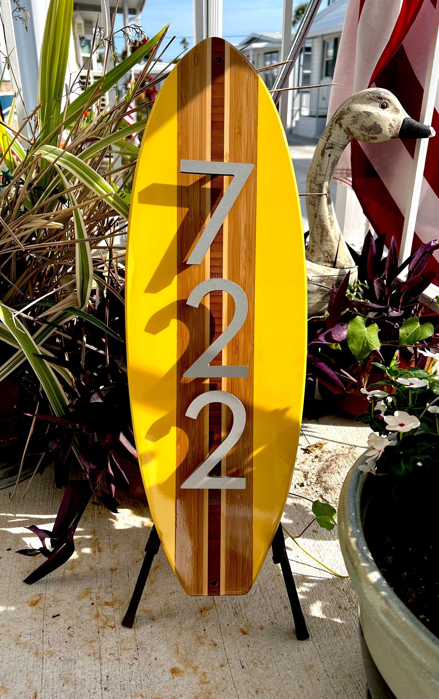 Address Number Sign Surfboard Coastal Beach House Plaque in Yellow