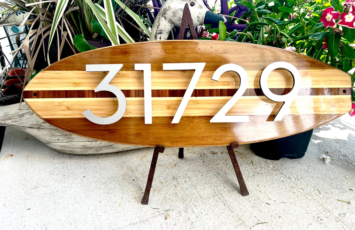 Address House Numbere Sign SurfboardCoastal Beach Number Plaque Two Tone Natural Wood Finish