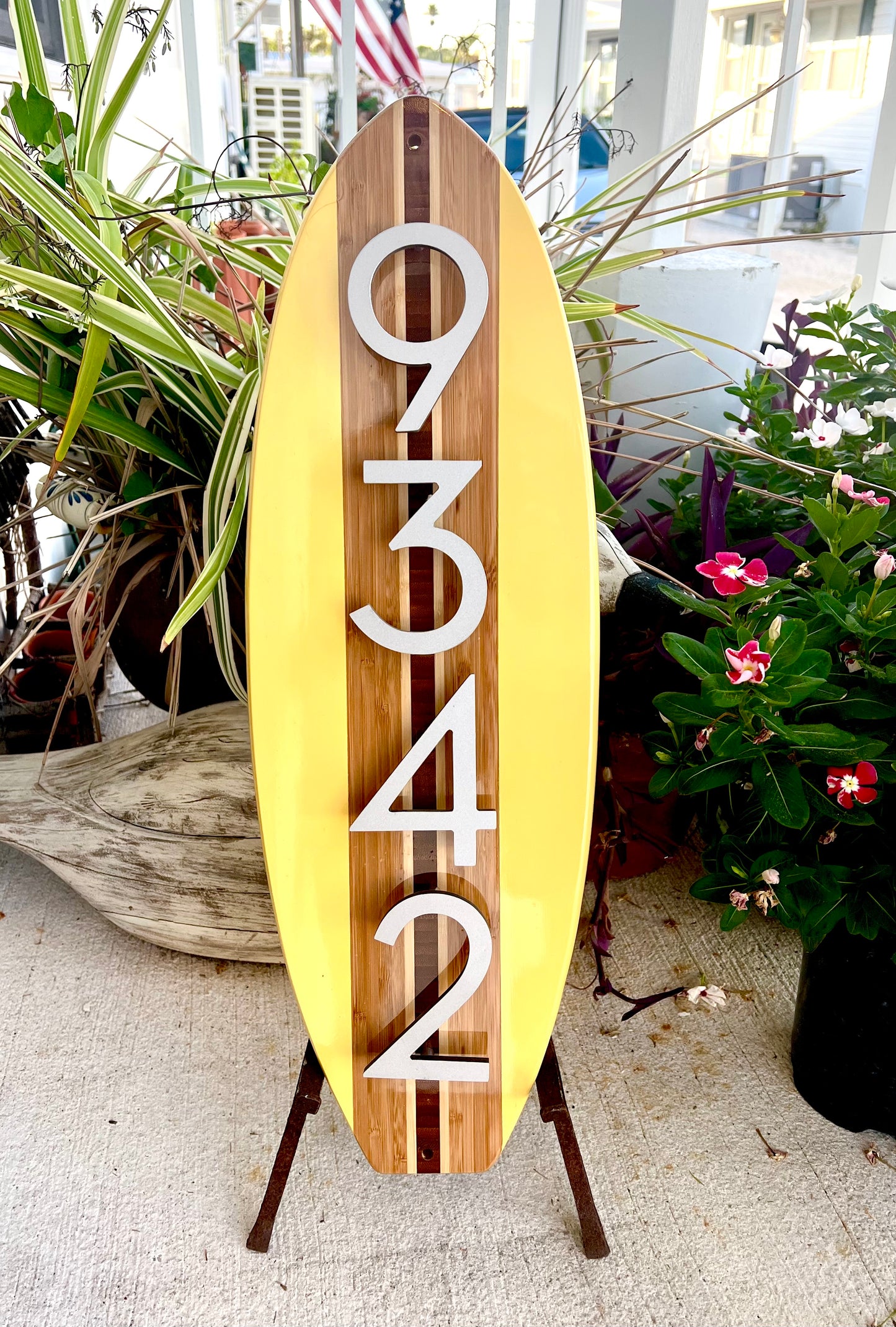 Address Number Sign Surfboard Coastal Beach House Plaque in Yellow