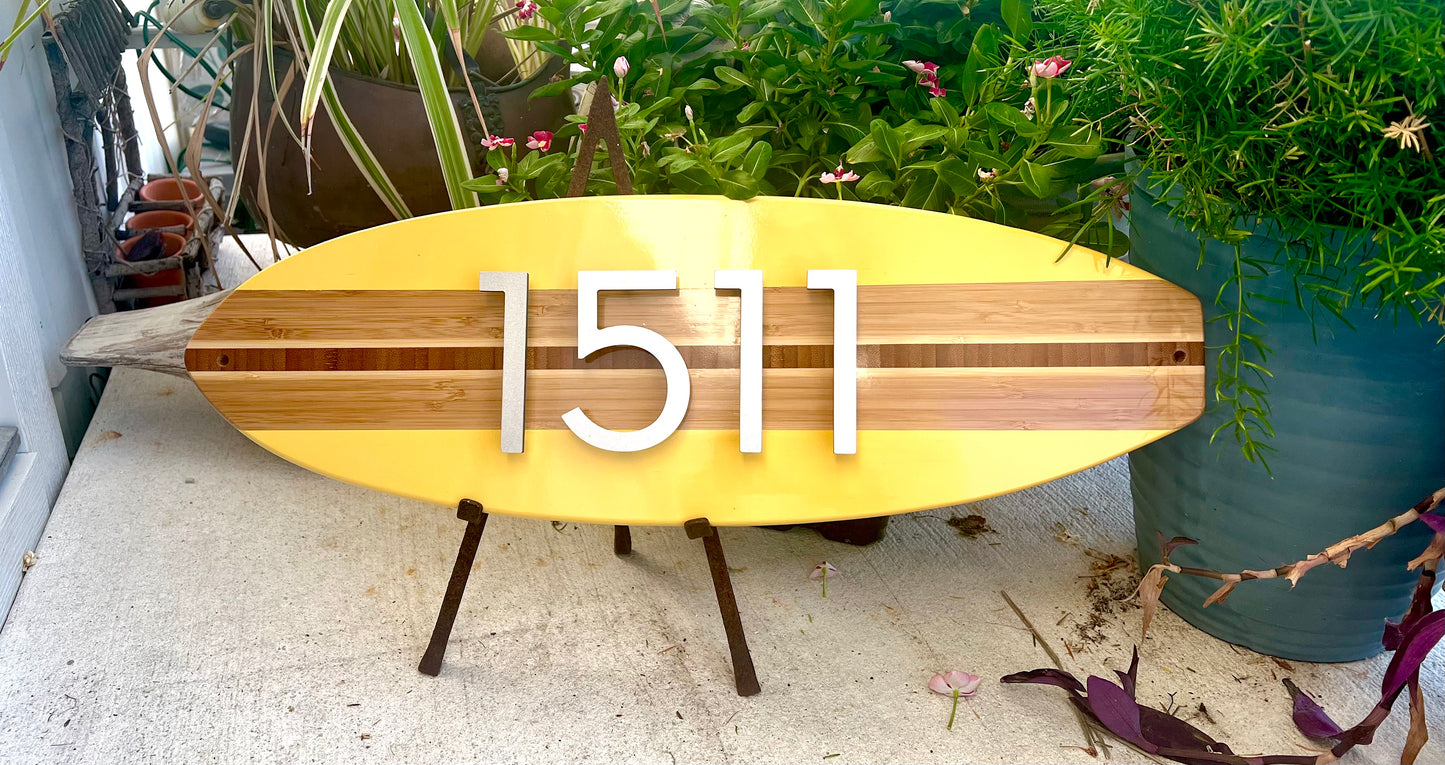 Address Number Sign Surfboard Coastal Beach House Plaque in Yellow