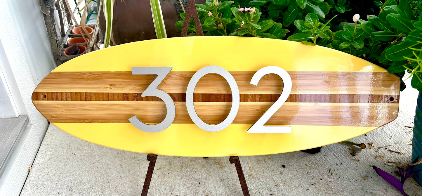 Address Number Sign Surfboard Coastal Beach House Plaque in Yellow