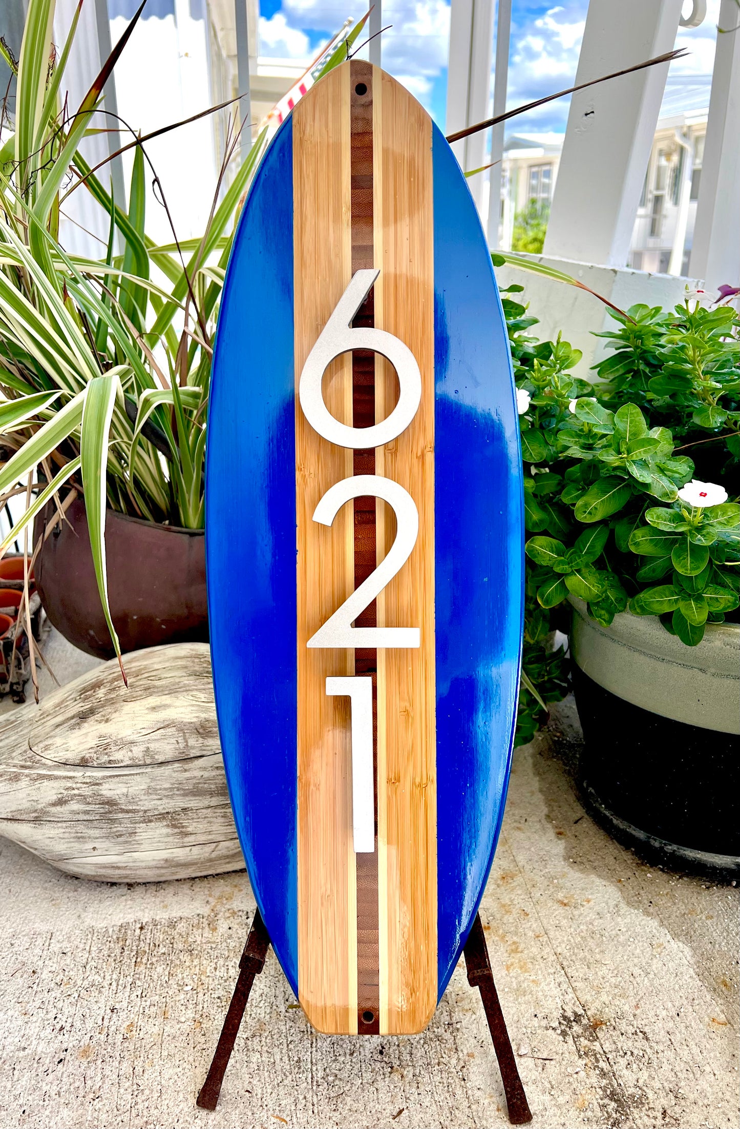 Address House Number Sign Surfboard Coastal Beach Plaque in Royal Blue w/ 4” 3D characters