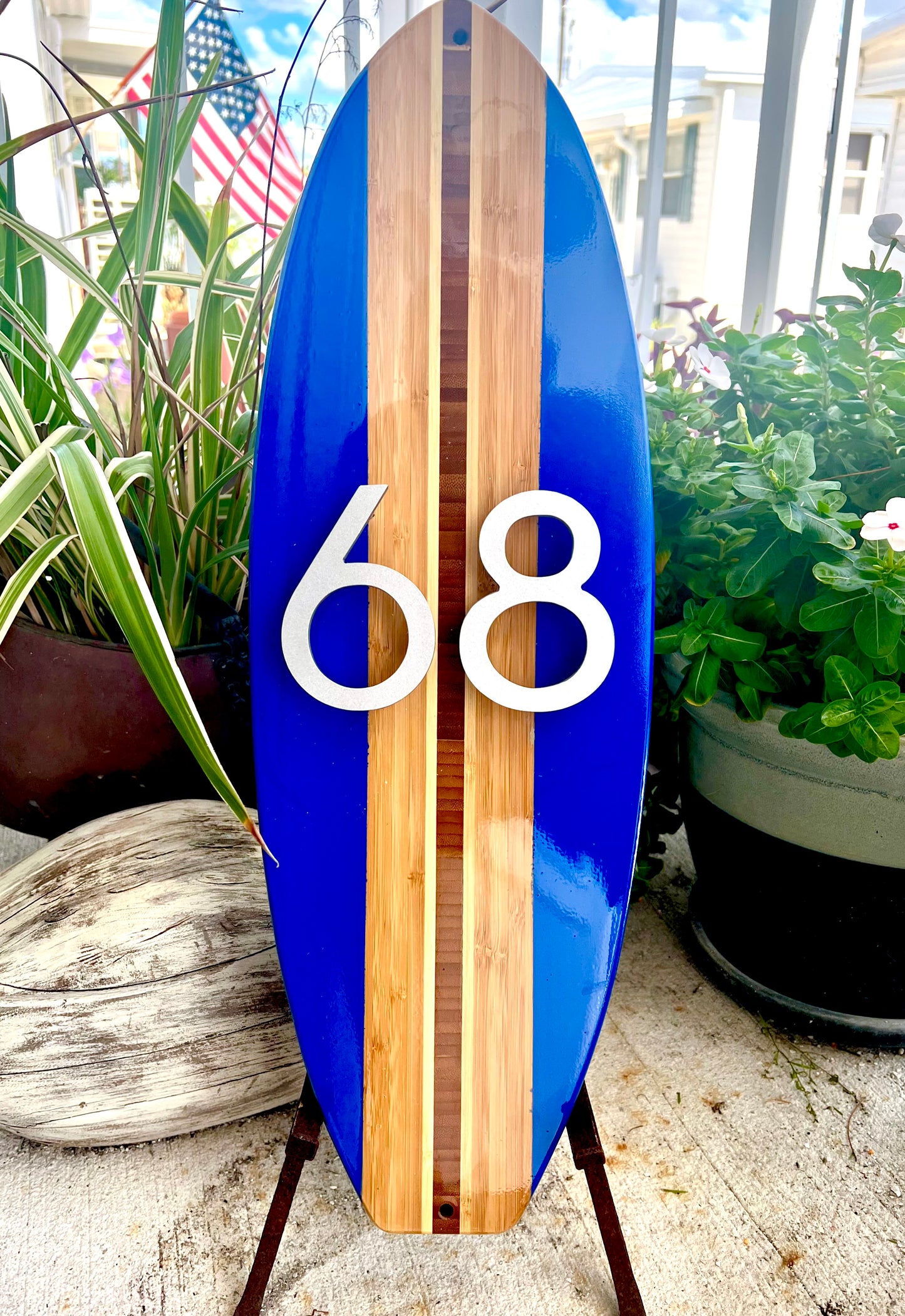 Address House Number Sign Surfboard Coastal Beach Plaque in Royal Blue w/ 4” 3D characters