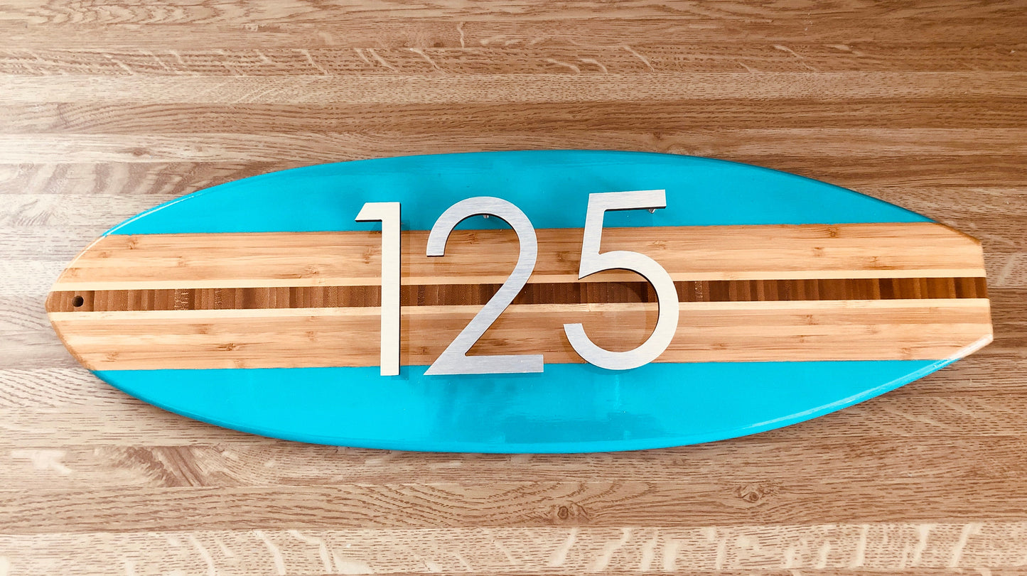 House Address Number Sign Surfboard Coastal Beach in Seafoam Green