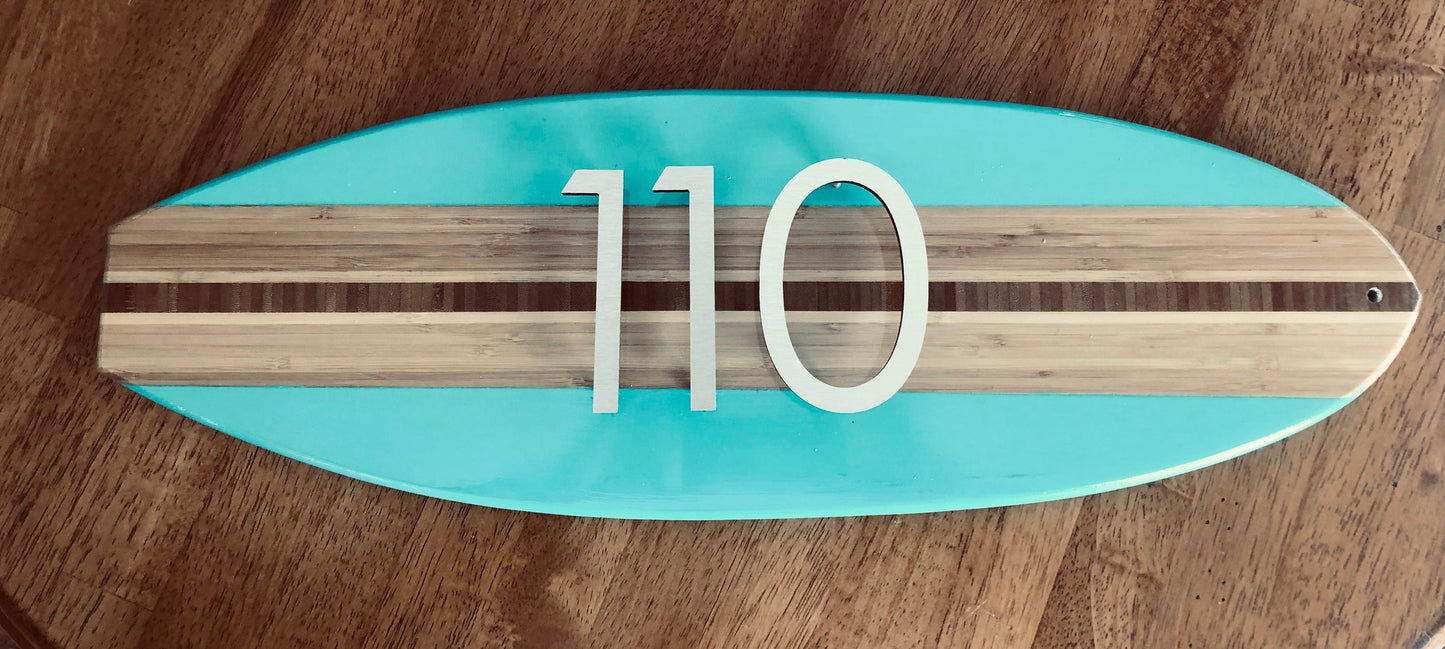 House Address Number Sign Surfboard Coastal Beach in Seafoam Green