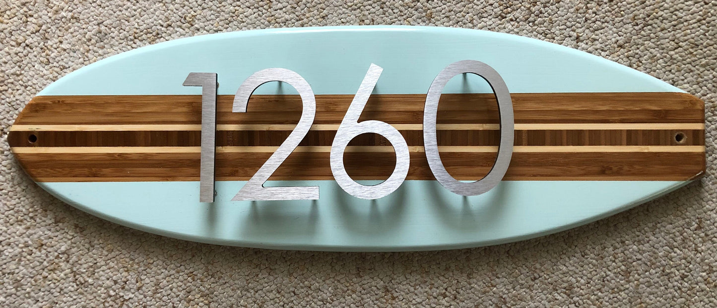 Address House Number Sign Surfboard Coastal Beach House Plaque  in Beach Blue  , brushed aluminum numbers or  letters stand off from Board pleasing 3D effect,