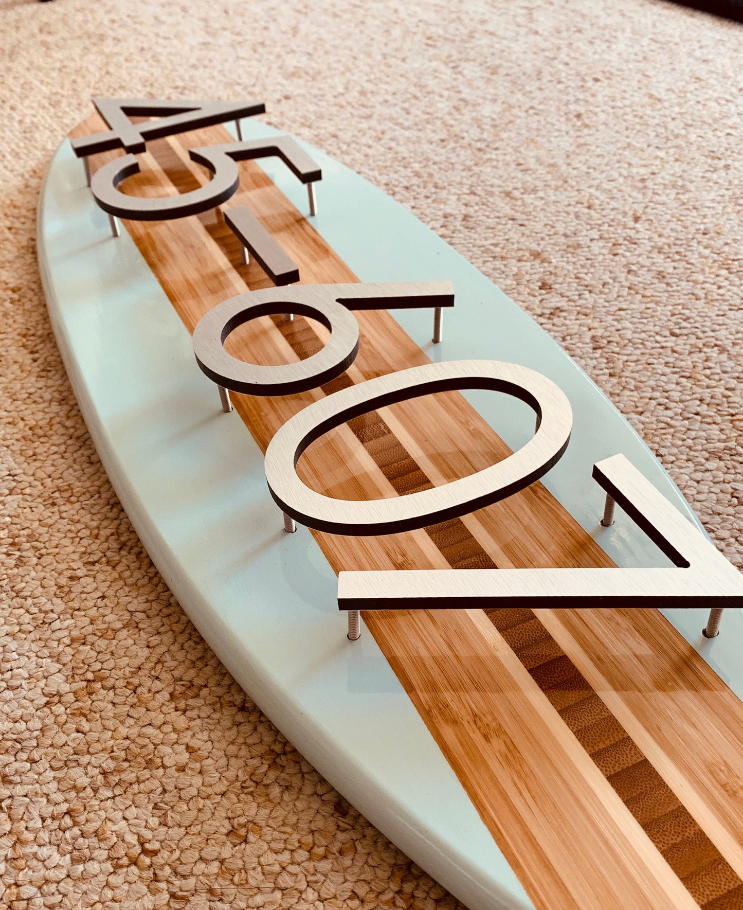 Address Number Sign Surfboard Coastal Beach House Plaque in Beach Blue ,