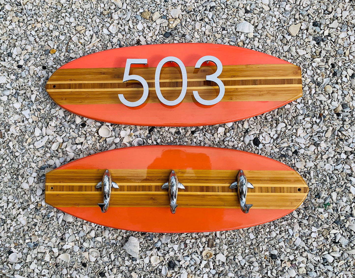 Address House Number Sign Surfboard Coastal  Plaque in Salmon , brushed aluminum numbers or  letters stand off from Board for pleasing 3D effect