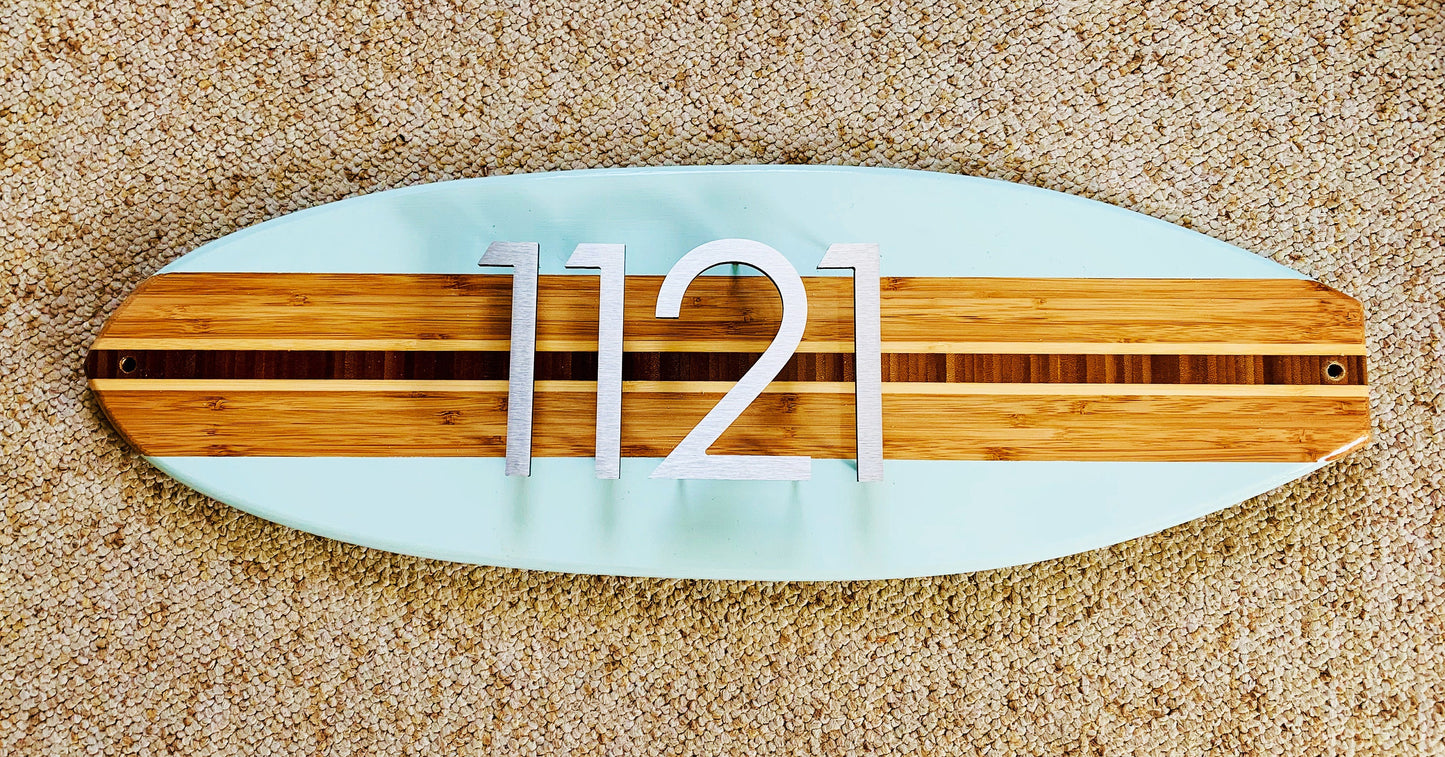 Address Number Sign Surfboard Coastal Beach House Plaque in Beach Blue ,