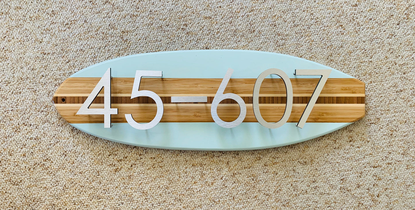 Address House Number Sign Surfboard Coastal Beach House Plaque  in Beach Blue  , brushed aluminum numbers or  letters stand off from Board pleasing 3D effect,