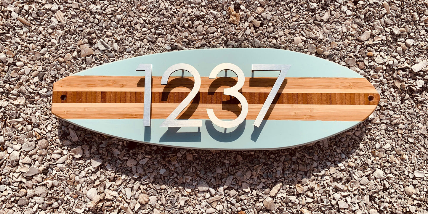 Address House Number Sign Surfboard Coastal Beach House Plaque  in Beach Blue  , brushed aluminum numbers or  letters stand off from Board pleasing 3D effect,