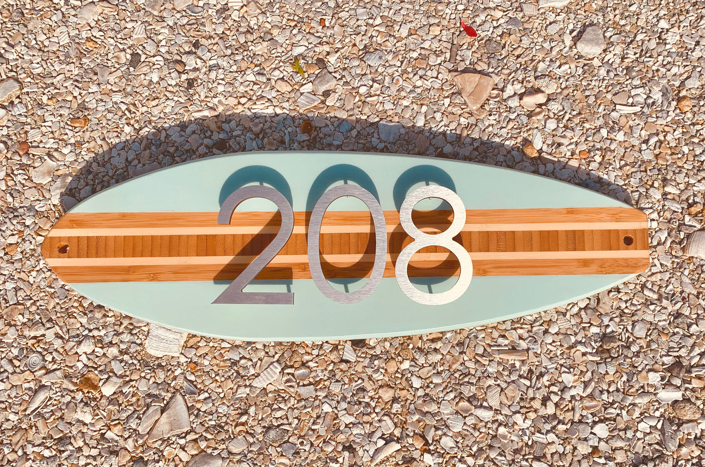 Address Number Sign Surfboard Coastal Beach House Plaque in Beach Blue ,