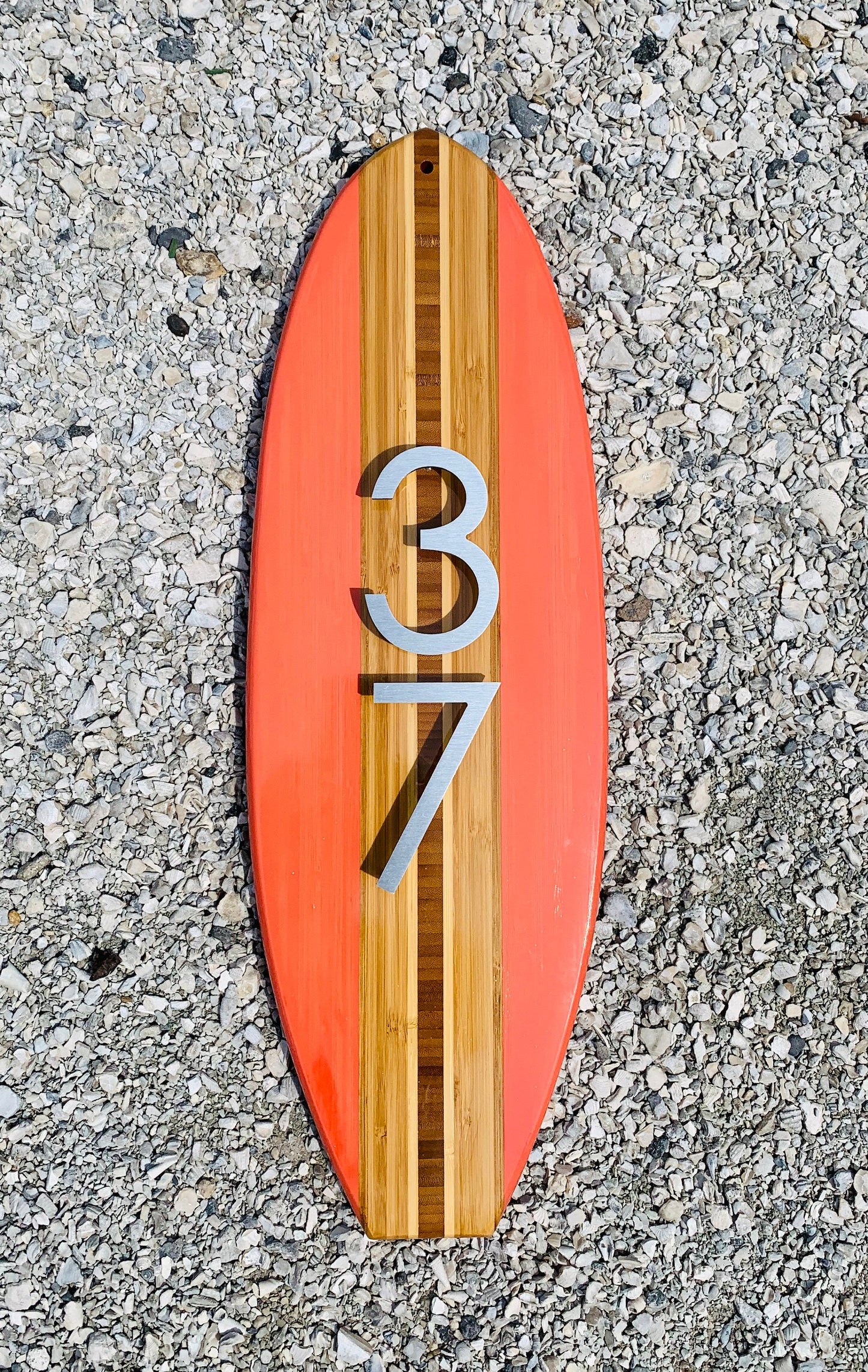 Address House Number Sign Surfboard Coastal  Plaque in Salmon , brushed aluminum numbers or  letters stand off from Board for pleasing 3D effect