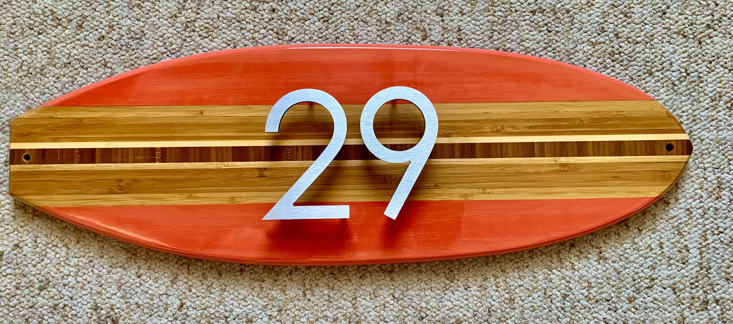 Address House Number Sign Surfboard Coastal  Plaque in Salmon , brushed aluminum numbers or  letters stand off from Board for pleasing 3D effect