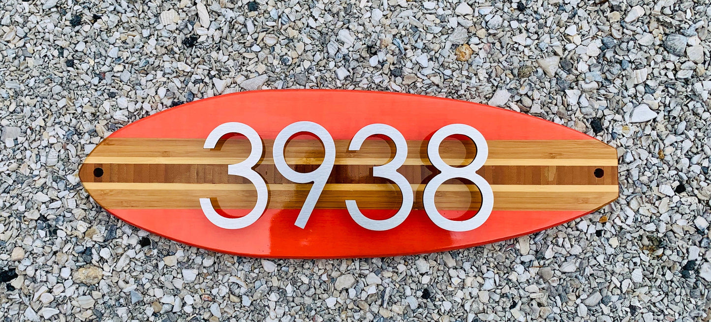 Address House Number Sign Surfboard Coastal  Plaque in Salmon , brushed aluminum numbers or  letters stand off from Board for pleasing 3D effect