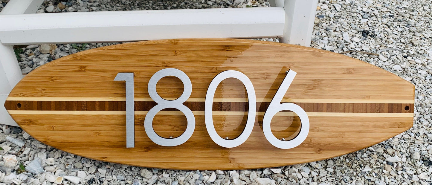 Address Number Sign Surfboard Coastal Beach House Plaque in Clear Finish