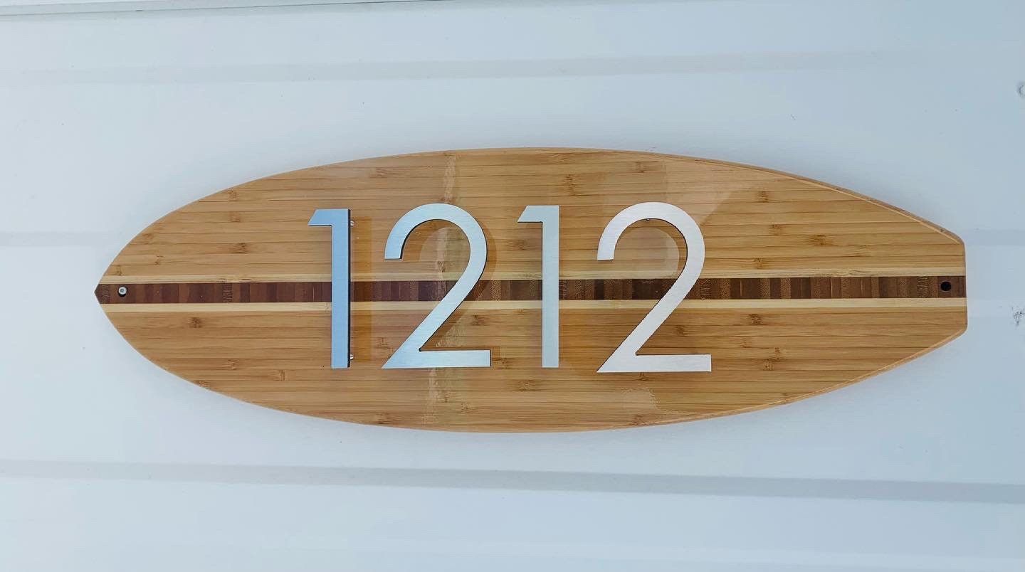 Address Number Sign Surfboard Coastal Beach House Plaque in Clear Finish