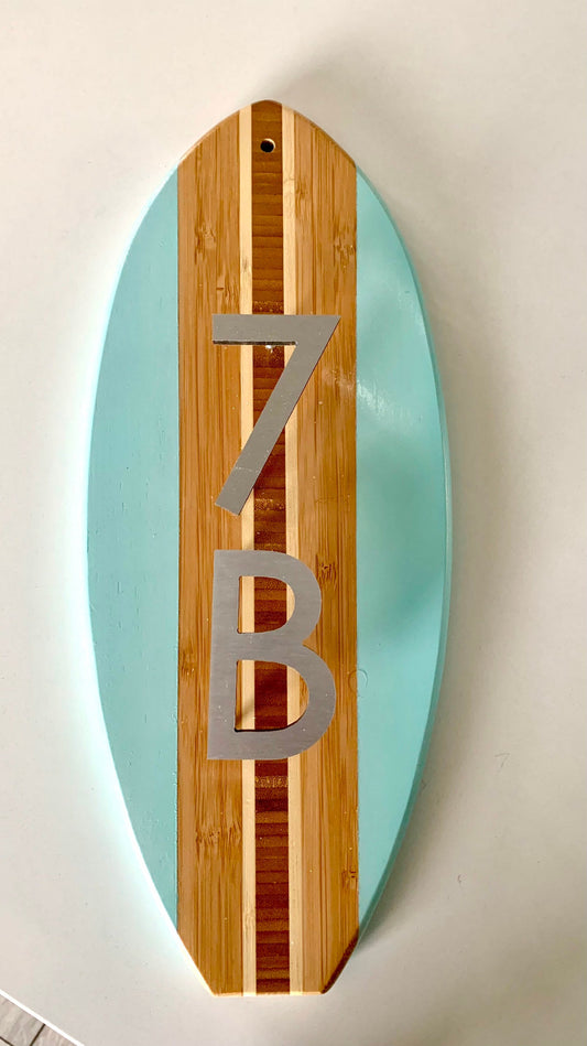 Small Surfboard Door Address Number Plaque in Beach Blue 14” x 6” with two 3” numbers