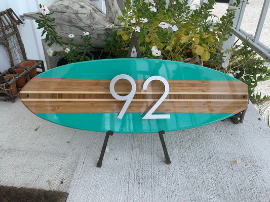 Surfboard Coastal Beach House Address Number Sign in Seafoam Green