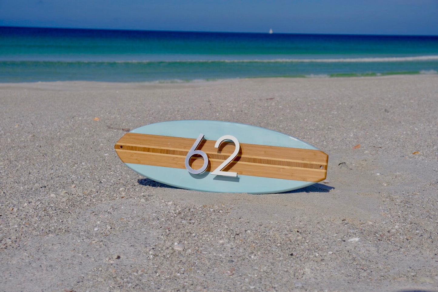 Address House Number Sign Surfboard Coastal Beach House Plaque  in Beach Blue  , brushed aluminum numbers or  letters stand off from Board pleasing 3D effect,