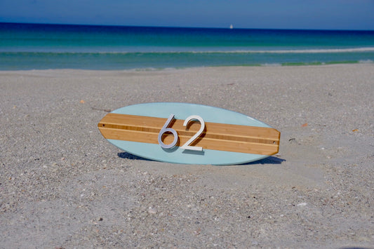 Surfboard Coastal Beach House Address Number Sign in Beach Blue ,
