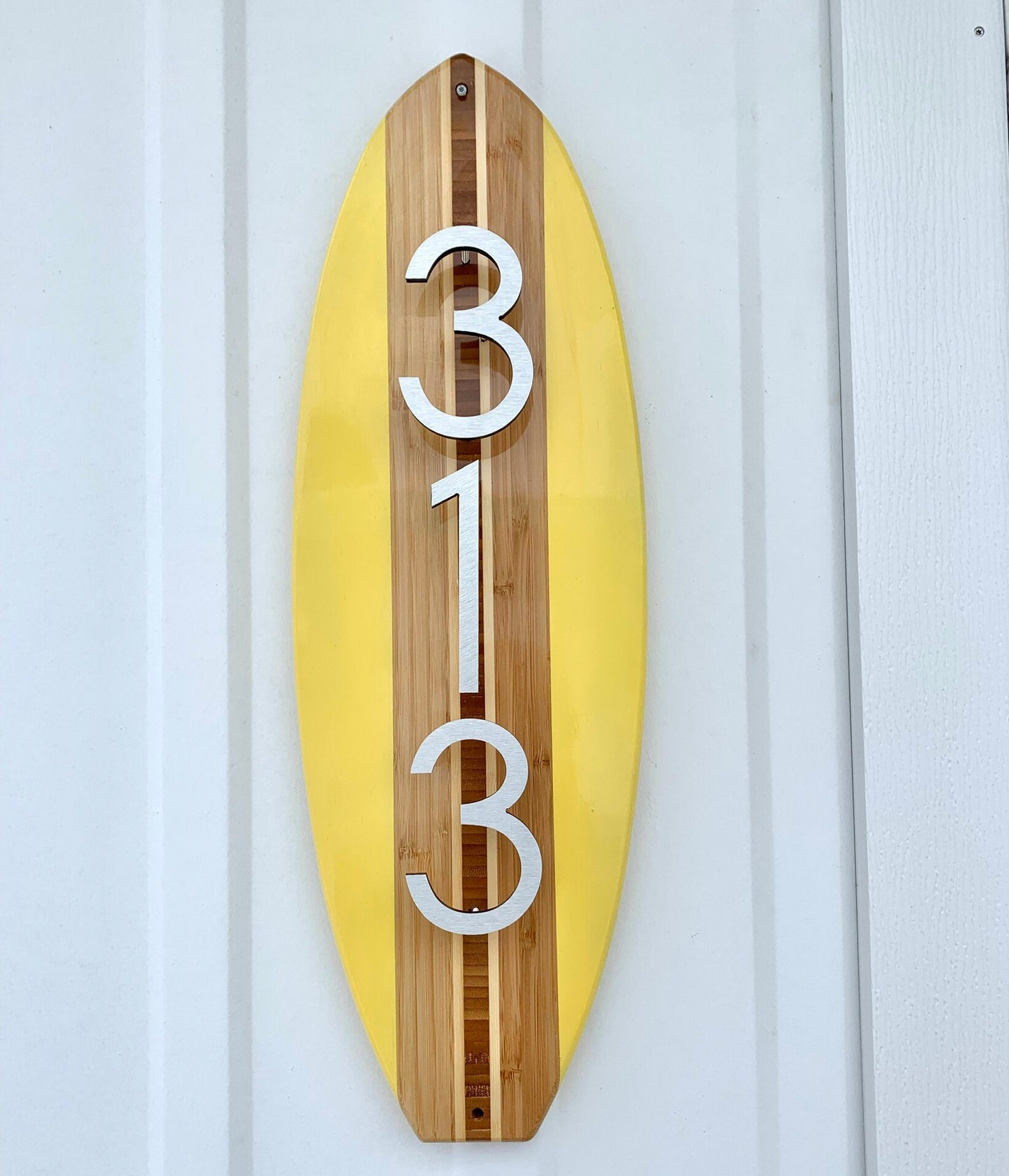 Address Number Sign Surfboard Coastal Beach House Plaque in Yellow