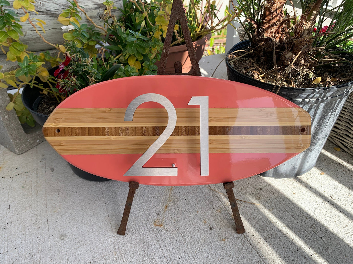 Address House Number Sign Small Surfboard Coastal Plaque in Salmon