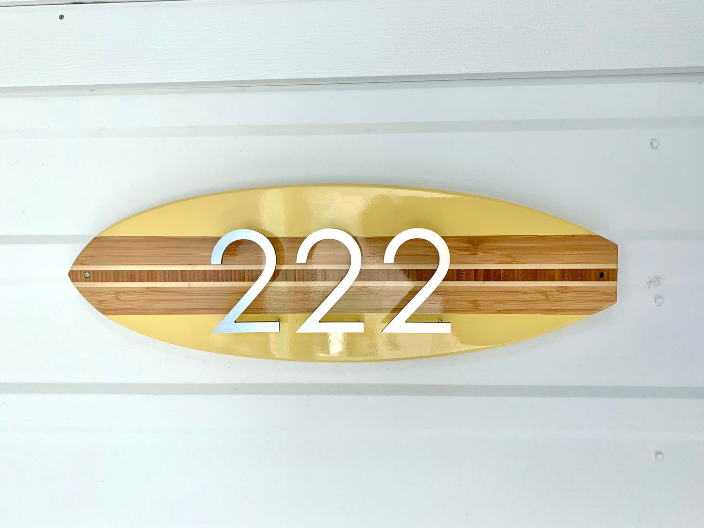 Address Number Sign Surfboard Coastal Beach House Plaque in Yellow