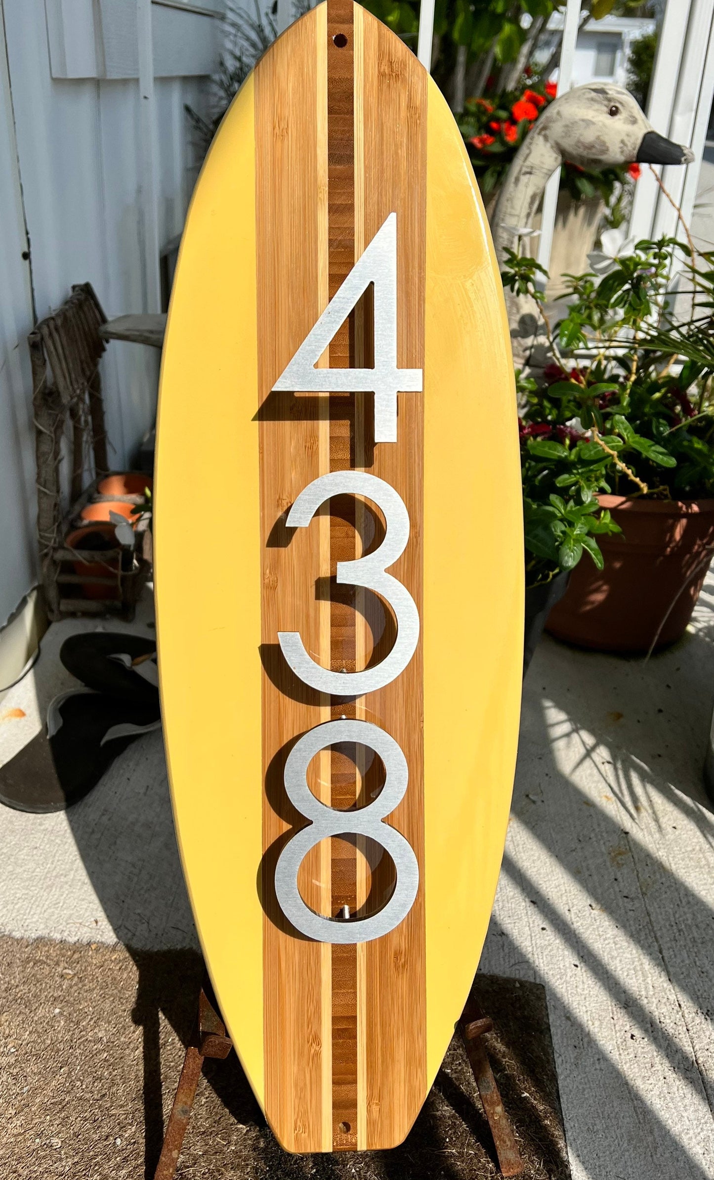 Address Number Sign Surfboard Coastal Beach House Plaque in Yellow